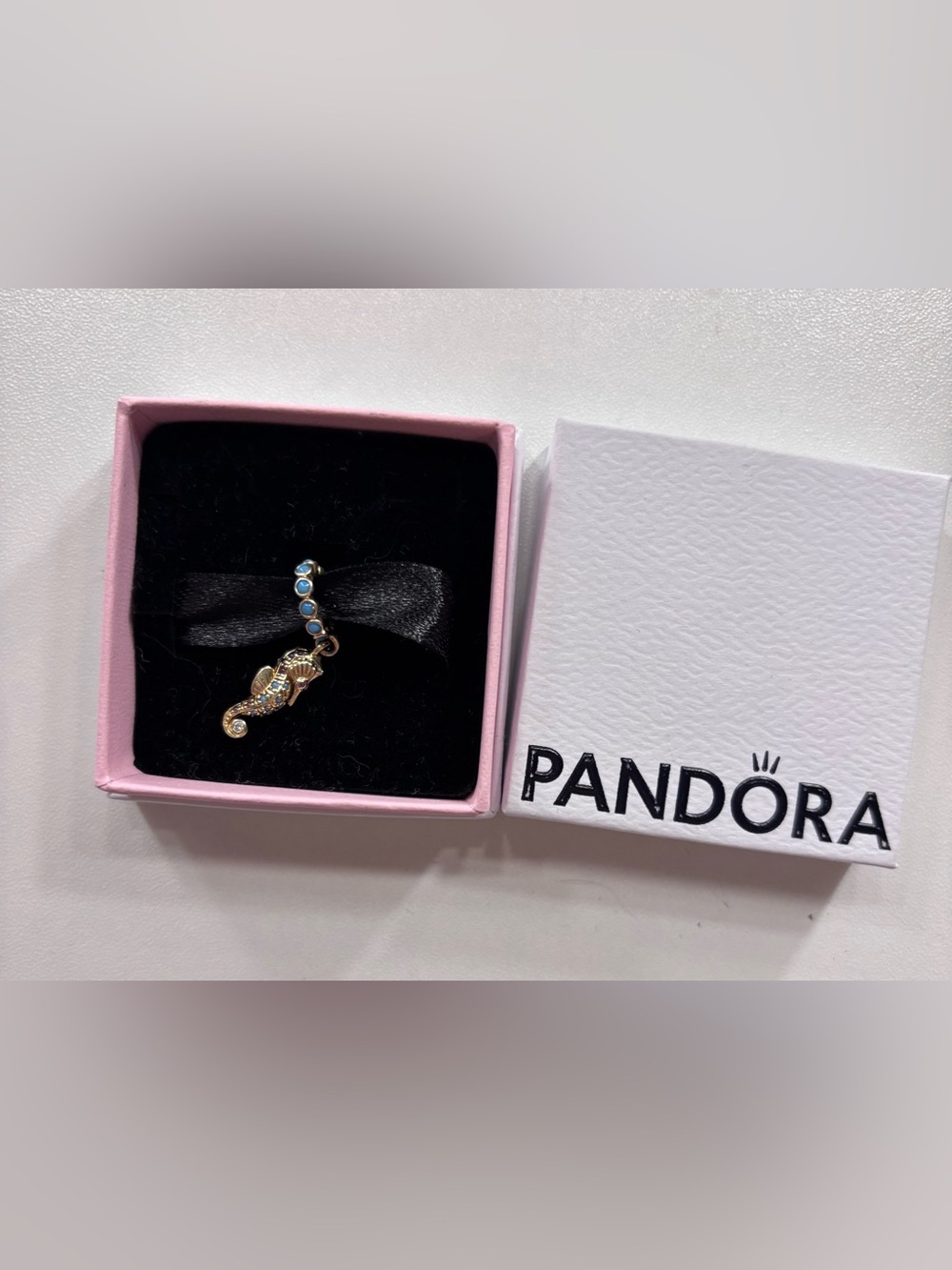 Pandora Gold Seahorse Charm with Blue Accents and Crystals